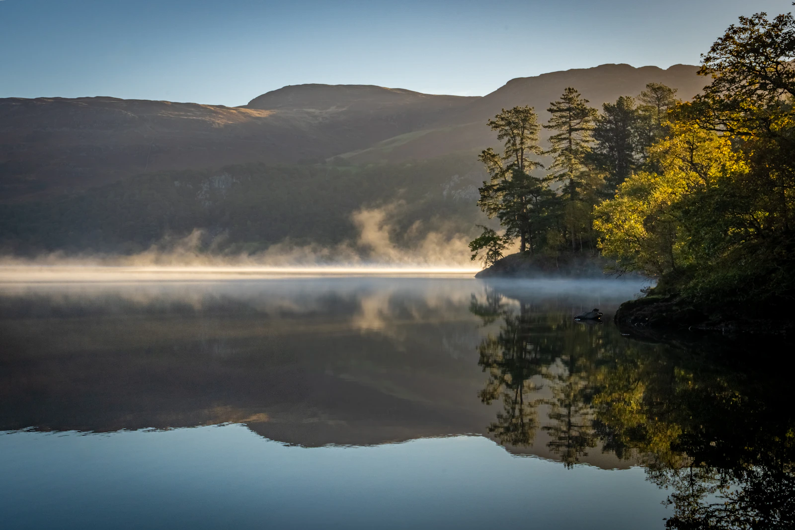 A quiet mountain landscape reflected in still water